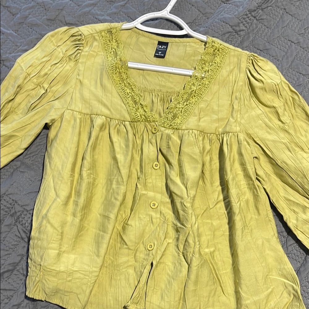 Women's yellow-green Blouse with Lace Detail